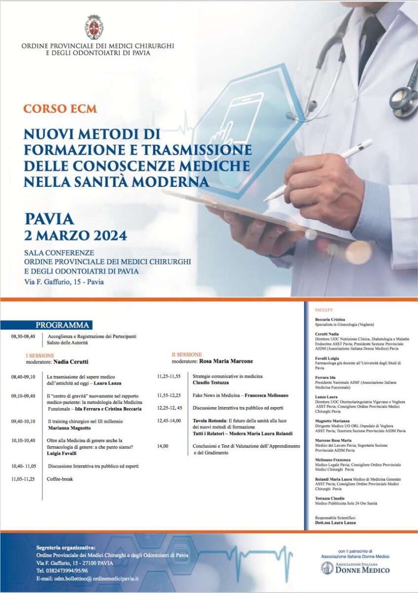 pavia 2 marzo. nuovi metodi di formazione e trasmissione delle conoscenze mediche nella sanità moderna